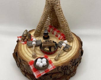 Fairy garden camp, miniature camping, mini campsite, fairy furniture