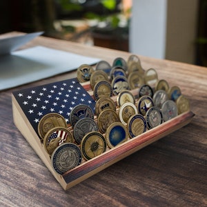 Custom Color Printed American Flag Challenge Coin Table Top Display With Personalization