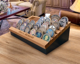 Custom Engraved Memorabilia Collectable Storage Box, American Flag Challenge Coin Table Top Display Rack With Personalization