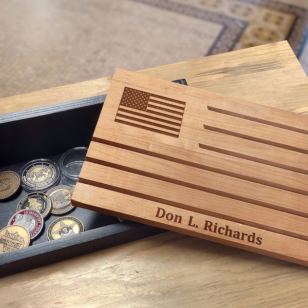 Memorabilia Collectable Storage Box, Challenge Coin Table Top Display, Custom Engraved American, Personalized Christmas Veteran Retire Gift