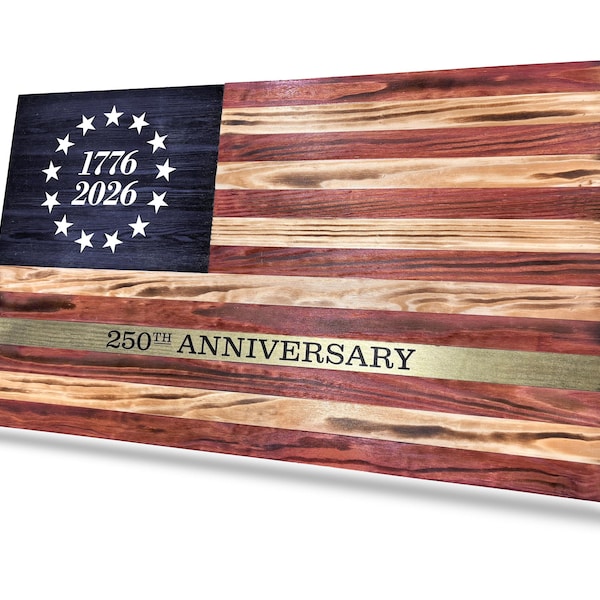 USA:s flagga 250-årsjubileum 1776–2026 | Betsy Ross flagga träväggkonst | Handgjord amerikansk flaggdekoration | Patriotisk Americana väggbonad