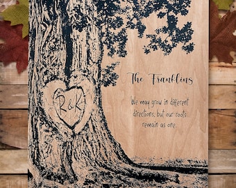 Custom Wood Carving Personalized Plaque, Valentines Day Couples Gift, Family Name Carved In Tree, Rustic Décor, Wedding Anniversary Present