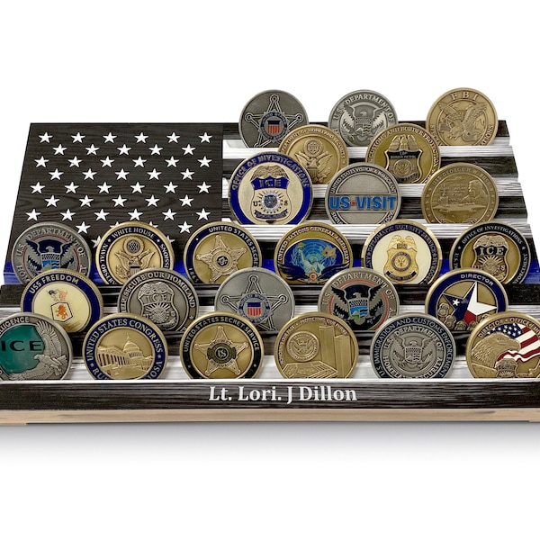 Thin Blue Line American Flag Challenge Coin Table Top Display With Personalization