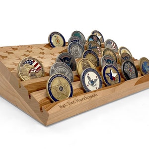 Custom Engraved American Flag Challenge Coin Table Top Display Rack With Personalization