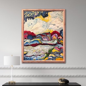 20 "x 16" originele moderne hedendaagse olie op canvas op een kleurrijk (blauw, geel, groen, rood) huis in de natuur in de fauvistische matisse-stijl