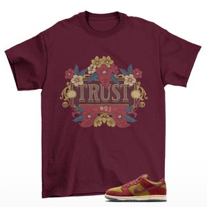 Trust Dunk SB Low Dark Team Red Olive Flak Matching Sneaker Tee Shirt Maroon