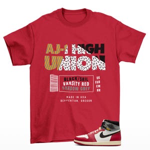 Etiqueta de zapatillas Jordan 1 High Union Camiseta a juego con zapatillas rojas