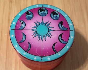 Grinder Moon Sun Phases Grinder Herb Grinder Hippy Moon Lunar Phase Solar Girly 4 Part Grinder Stars Witch Craft Moon Stars Universe Grinder