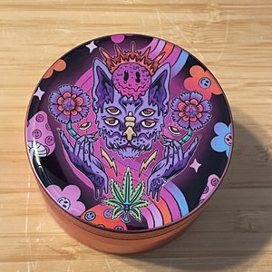 Grinder Herb Grinder Trippy Grinder Hippy Peace Sign Purple 2.5” x 1.75” Laser Cat Eyes Grinder Mushroom Grinder Face Grinder