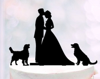 Wedding Cake Topper + 2 Dogs, Dog Cake Topper, Mr and Mrs Wedding Topper With Pets, Couple Silhouettes Topper + 2 Dogs, Couple Dogs Topper