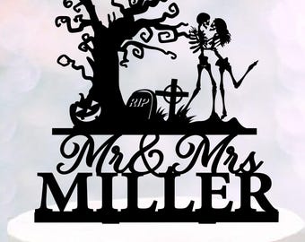 Bruid en bruidegom skeletten gotische bruidstaart topper, grappige halloween bruidstaart charmes, schedel paar cake topper, halloween bruiloft decor