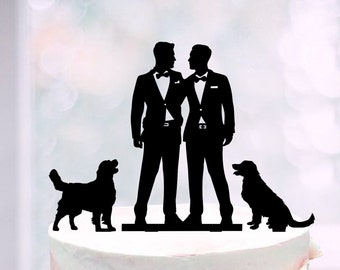 Mr and Mr Cake Topper With Two Dogs, Gays Wedding Topper + 2 Dogs, Same Sex Wedding Cake Topper For Men, Gay wedding cake topper With 2 Dogs