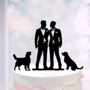 Mr and Mr Cake Topper With Two Dogs, Gays Wedding Topper + 2 Dogs, Same Sex Wedding Cake Topper For Men, Gay wedding cake topper With 2 Dogs