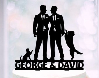 Gay Cake Topper With Pets, Dog Cake Topper for Gays, First Name Gay Topper, Mr and Mr wedding topper with cat dog, Two Grooms Named Topper