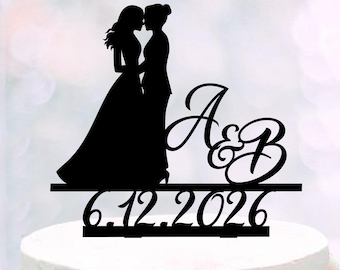 May include: Black silhouette cake topper featuring two figures in wedding attire, facing each other. The topper includes the initials "A&B" in cursive script and the date "6.12.2026" below, perfect for a same-sex wedding.