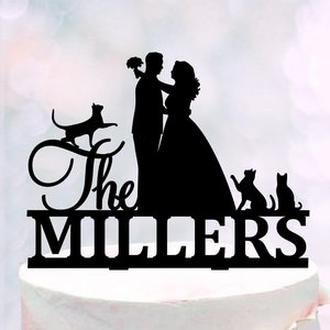 Bride and Groom Wedding cake topper with cats, Three Cats Acrylic Cake Topper, Silhouette Couple and Cats Cake Decorations, Cats Cake Topper