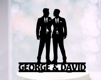 Gay Silhouette Topper With Names, Same sex Cake topper, Gay Wedding Cake Topper, Gay Engaged Topper, Personalized 2 grooms Topper with names