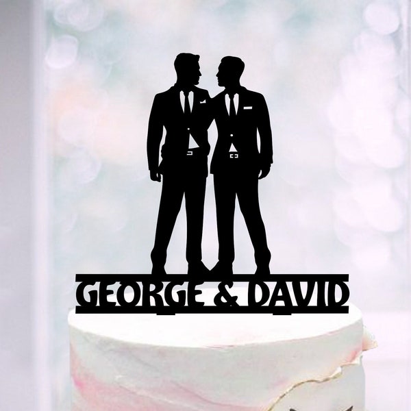 Gay Silhouette Topper With Names, Same sex Cake topper, Gay Wedding Cake Topper, Gay Engaged Topper, Personalized 2 grooms Topper with names