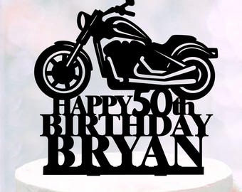 Name and Age Motorcycle Cake Topper, Happy 50th Birthday Cake Decoration with Motorcycle Silhouette