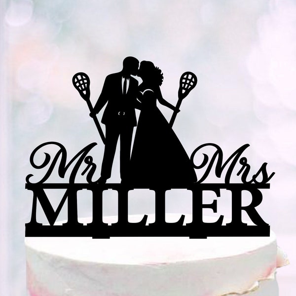 Lacrosse Wedding Cake Topper, Lascrosse Player Cake Toppers, Mr Mrs Silhouettes Couple topper for wedding, Lacross Thamed Wedding Party