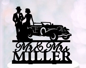 Gatsby-bruidstaarttoppers, retro autotaarttopper, gepersonaliseerd maffiathema bruidstaartdecor, art deco-taarttopper, Gatsby-feesttopper