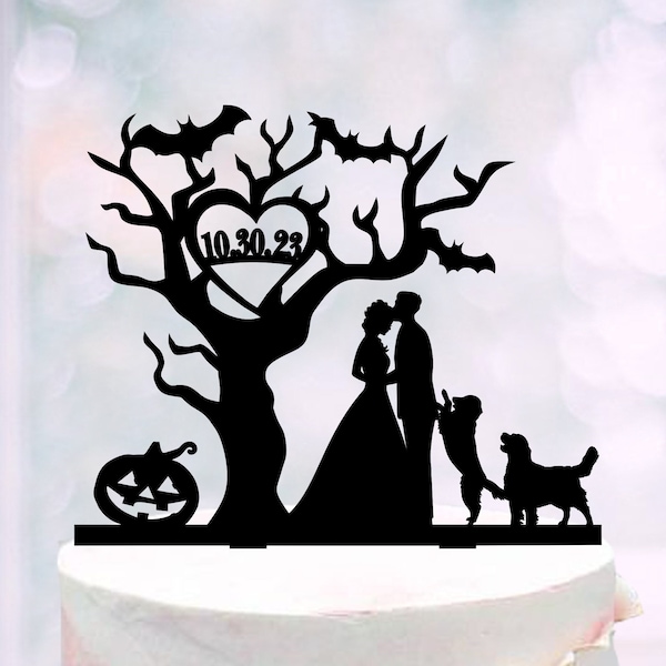 Halloween cake topper With Dogs, Halloween theme wedding topper, 2 dogs topper for halloween, Gothic Wedding Topper + date, Dogs cake topper