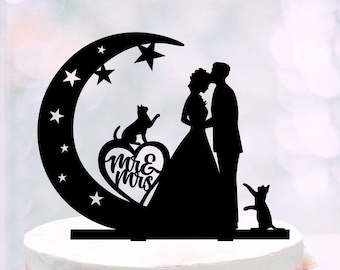 Moon And Stars Wedding Cake Topper,Bride and groom wedding topper,Cake topper with cats,Crescent and silhouette of a couple topper with pets