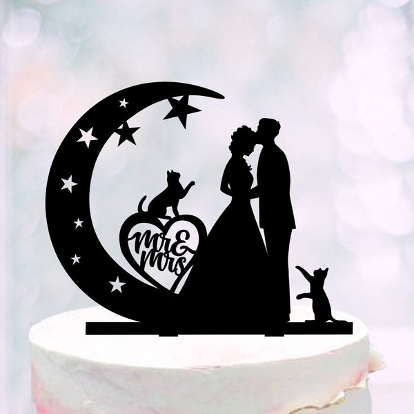 Moon And Stars Wedding Cake Topper,Bride and groom wedding topper,Cake topper with cats,Crescent and silhouette of a couple topper with pets