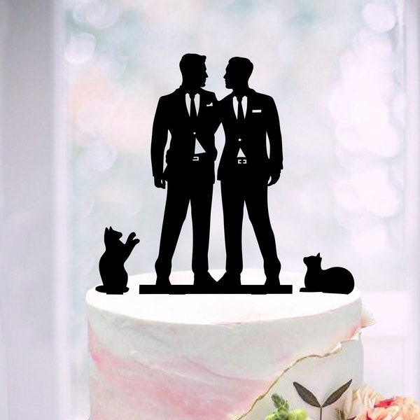 Gay Wedding Topper With Cats, Cat Gay Cake Topper, Wedding Cake Topper For Two Grooms, Mr and Mr Topper + 2 Cats, Two Man Cake Topper + Cat