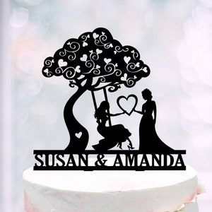 Lesbian cake topper with names, Tree lesbian wedding topper, Name lesbians cake topper wedding, Personalized Mrs & Mrs cake topper with tree