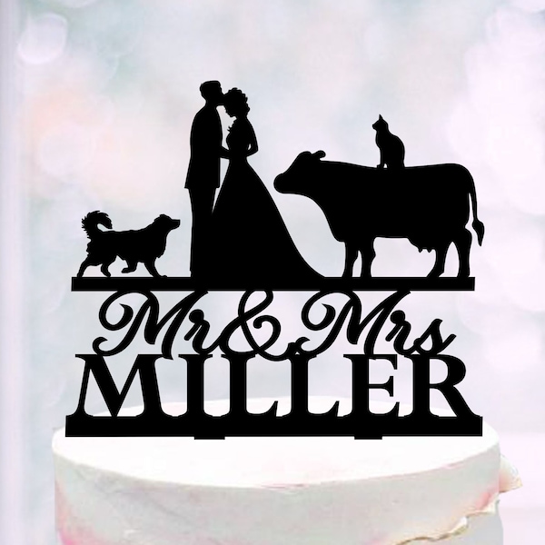Farm Wedding Cake Topper, Ranch cake topper, Country Mr and Mrs Wedding Topper, Cow and Couple Wedding Toppers, Farming Silhouettes Topper
