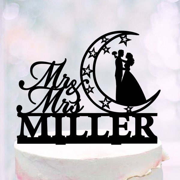 Moon And Stars Cake Topper, Couple and moon Wedding cake toppers, Mr and Mrs Sign Wedding Topper, Custom Moon Topper, Pair In Moon Topper