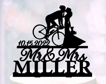 Bicycle Wedding Cake Topper, Cyclist groom Kissing bride Topper for wedding, Bike Wedding Cake Toppers, Silhouettes of a couple on a bike