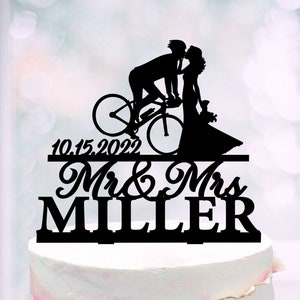 Bicycle Wedding Cake Topper, Cyclist groom Kissing bride Topper for wedding, Bike Wedding Cake Toppers, Silhouettes of a couple on a bike