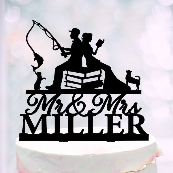 Reading Wedding Cake Topper, Literery Cake Toppers, Fishing Topper For Wedding, Dog cat Cake topper, Fisherman and Bookworm, Mr & Mrs topper