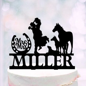 Cowboy Couple Wedding Cake Topper, Horse and couple Silhouettes wedding topper, Country Wedding Topper With Dog, Horseshoe cake toppers