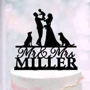 Topper per torta di famiglia con cani, Topper per torta di famiglia con bambino, Topper per torta di sposi con bambino, Topper per torta di silhouette di famiglia con neonato