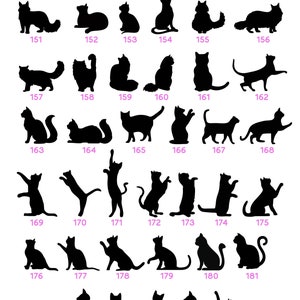 May include: A collection of 188 black silhouette images of cats in various poses. The images are numbered from 151 to 188.