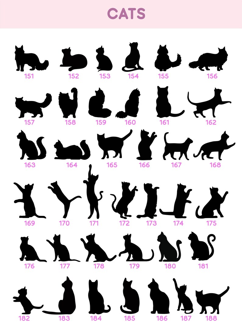 May include: A collection of 188 black silhouette images of cats in various poses. The images are numbered from 151 to 188.