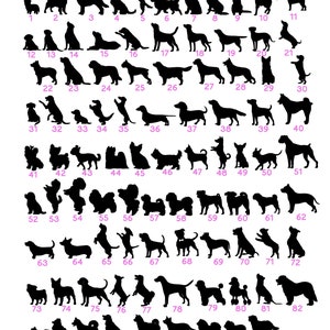 May include: A black and white image of 100 different dog breeds, numbered 1 through 100. The image is on a pink background with the word "DOGS" in pink letters at the top.
