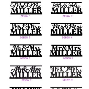May include: Ten different font design options for a wedding sign with the text "Mr & Mrs Miller". The designs feature different font styles, sizes, and arrangements of the text.