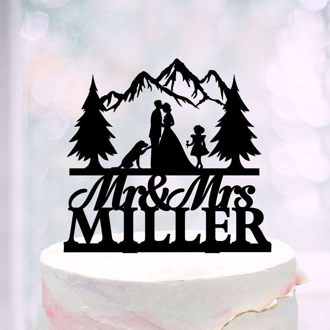 Mountain Wedding Cake Topper Bride and Groom With Dog and Kids ...