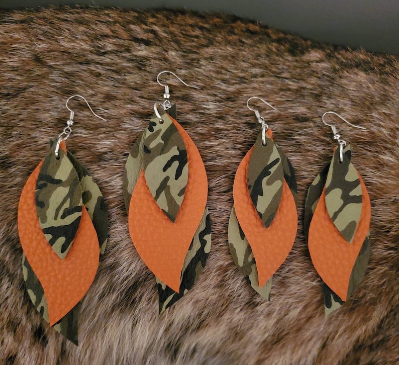 Camo and orange leather earrings Camouflage earrings layered 3 layered leather earrings camo leather and orange Leather dangle earrings