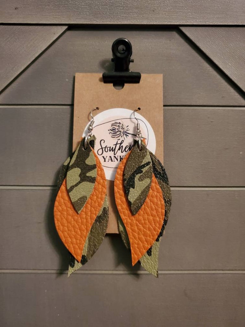 Camo and orange leather earrings Camouflage earrings layered 3 layered leather earrings camo leather and orange Leather dangle earrings