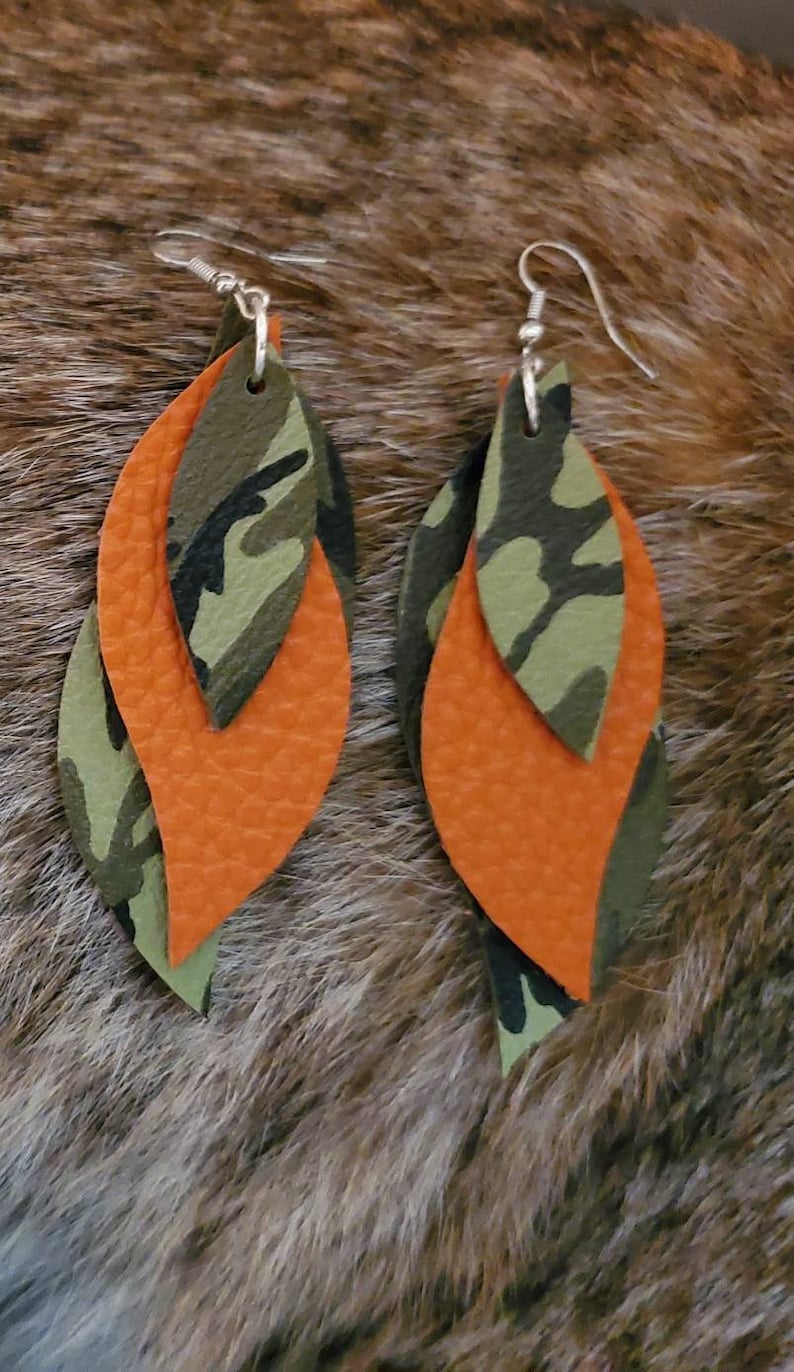 Camo and orange leather earrings Camouflage earrings layered 3 layered leather earrings camo leather and orange Leather dangle earrings