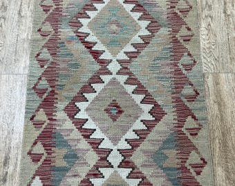 Handmade Afghan Kilim Runner Rug: Natural Wool, 193x62cm