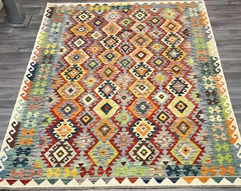 Handmade Afghan Kilim Rug, Natural Wool, Bohemian Flatweave 7x10 ft