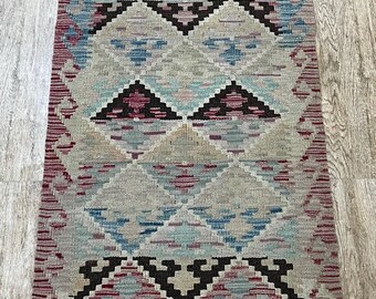 Handmade Afghan Kilim Runner Rug: Natural Wool, 198x60cm