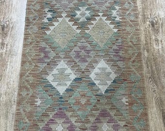 Handmade Afghan Kilim Runner Rug: Natural Wool, 192x60cm