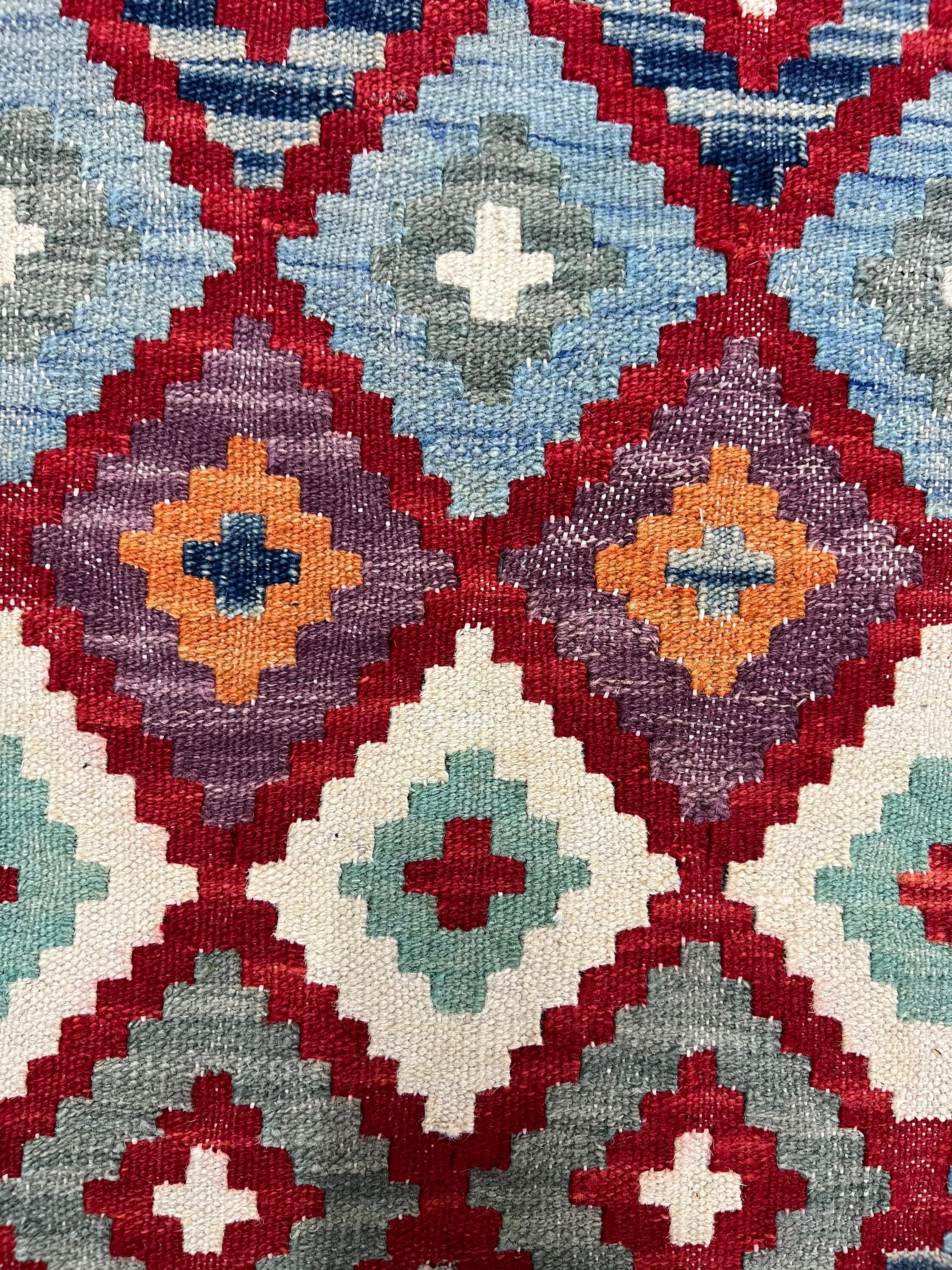 ハンドメイドのアフガニスタンキリムランナーラグ、伝統的な幾何学模様